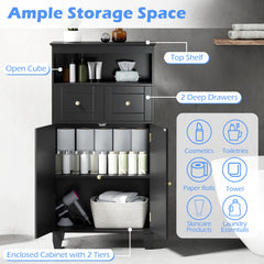 Bathroom Floor Storage Cabinet with Doors and Shelves-Black