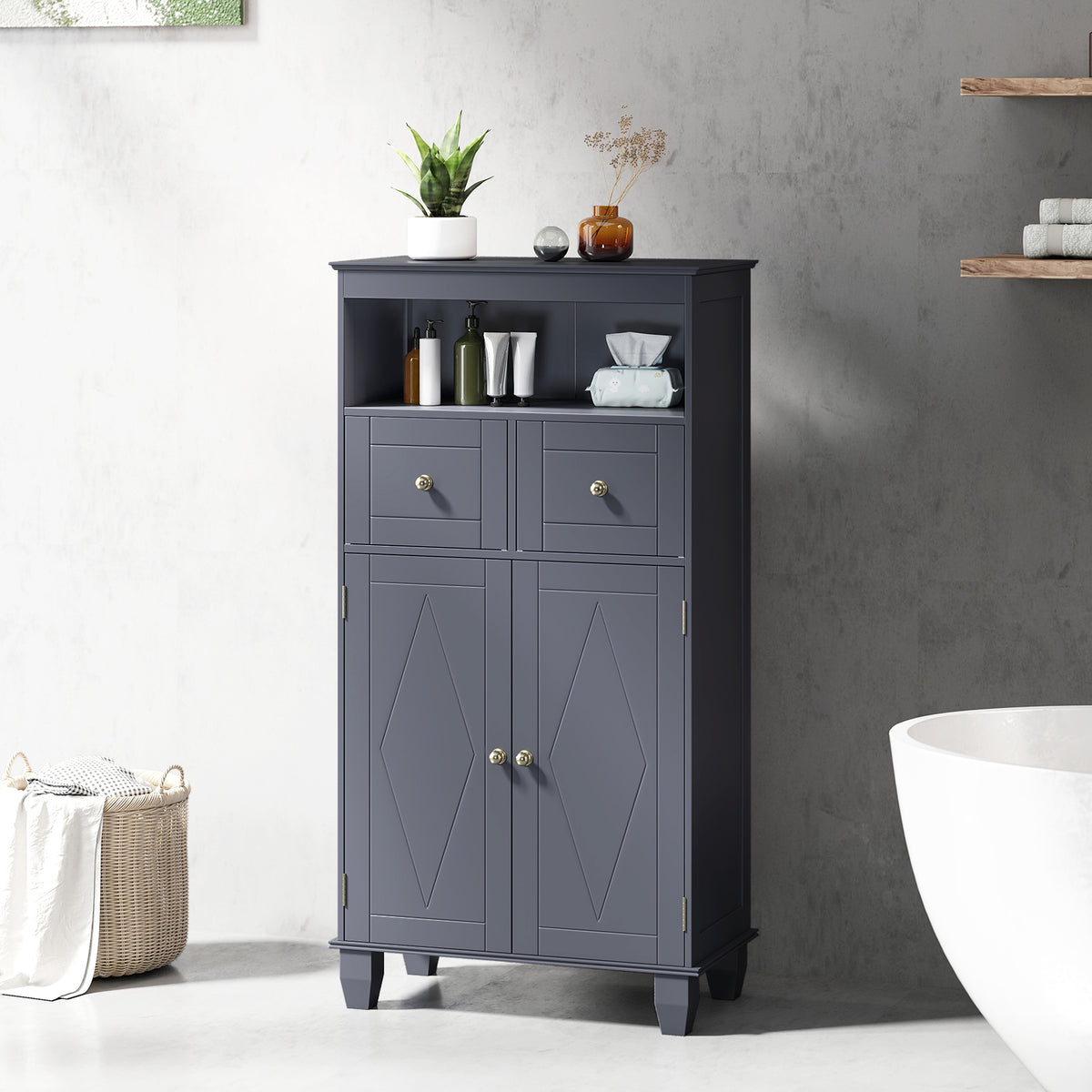 Bathroom Floor Storage Cabinet with Doors and Shelves-Gray