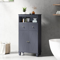 Bathroom Floor Storage Cabinet with Doors and Shelves-Gray