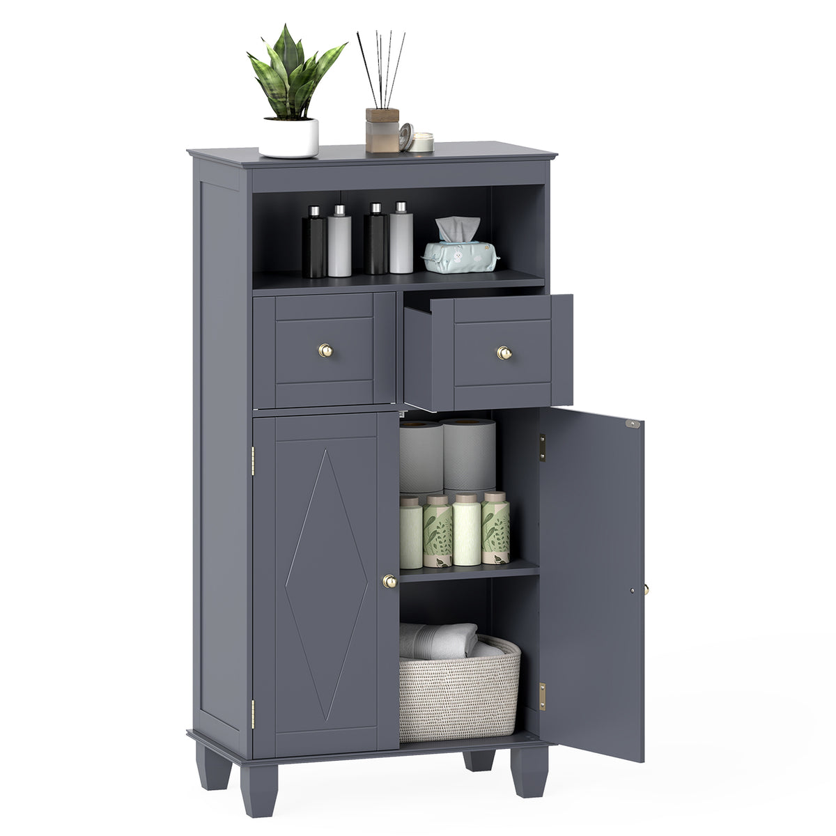 Bathroom Floor Storage Cabinet with Doors and Shelves-Gray