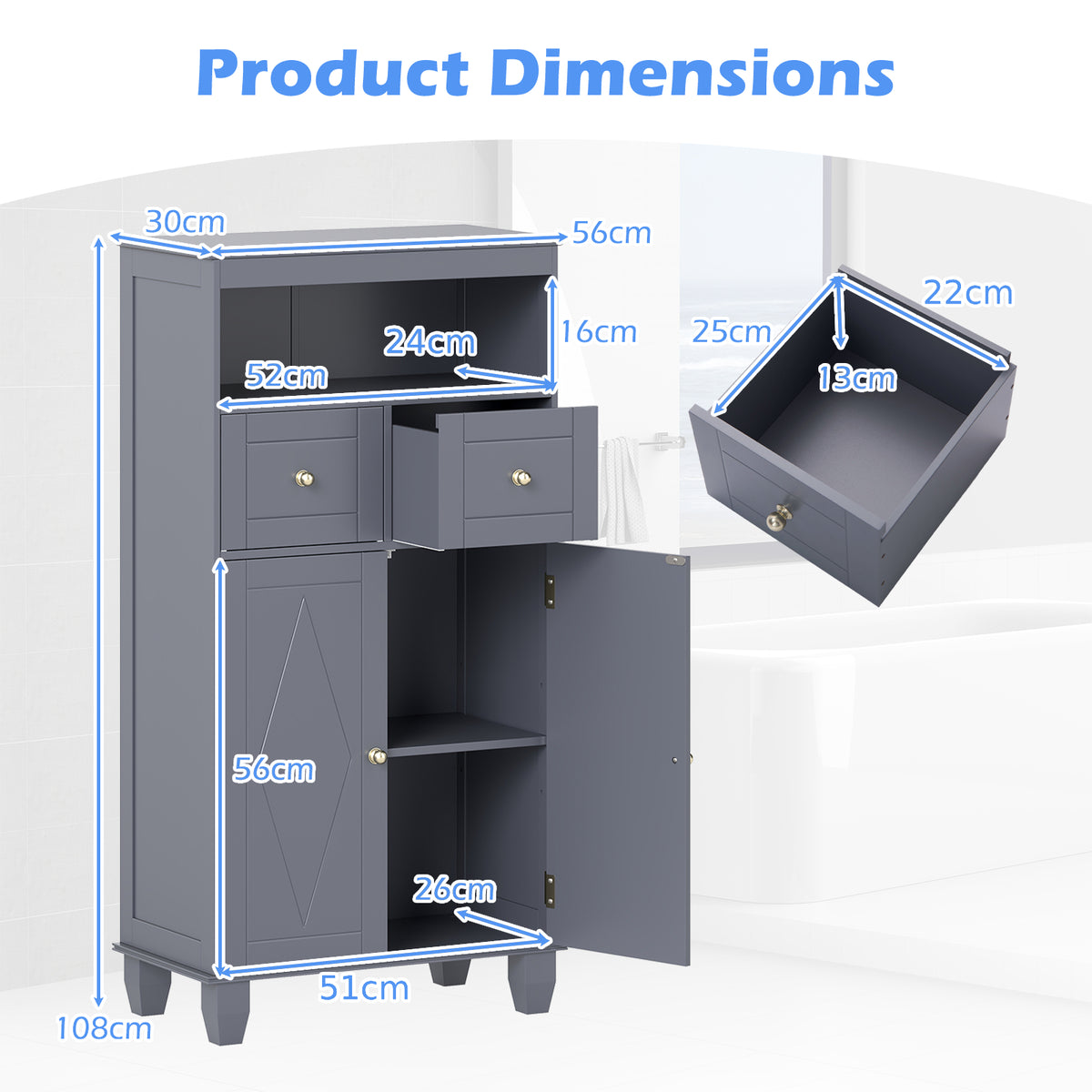 Bathroom Floor Storage Cabinet with Doors and Shelves-Gray