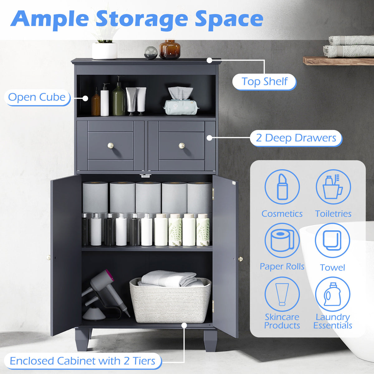 Bathroom Floor Storage Cabinet with Doors and Shelves-Gray