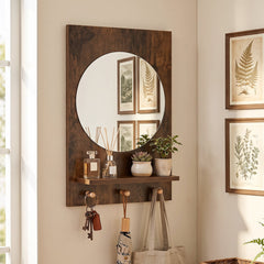 Bathroom Mirror with Storage Shelf and Hanging Hooks for Bath-Rustic Brown