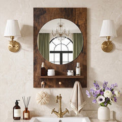 Bathroom Mirror with Storage Shelf and Hanging Hooks for Bath-Rustic Brown