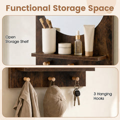 Bathroom Mirror with Storage Shelf and Hanging Hooks for Bath-Rustic Brown