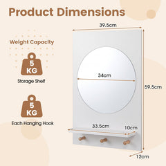 Bathroom Mirror with Storage Shelf and Hanging Hooks for Bath-White