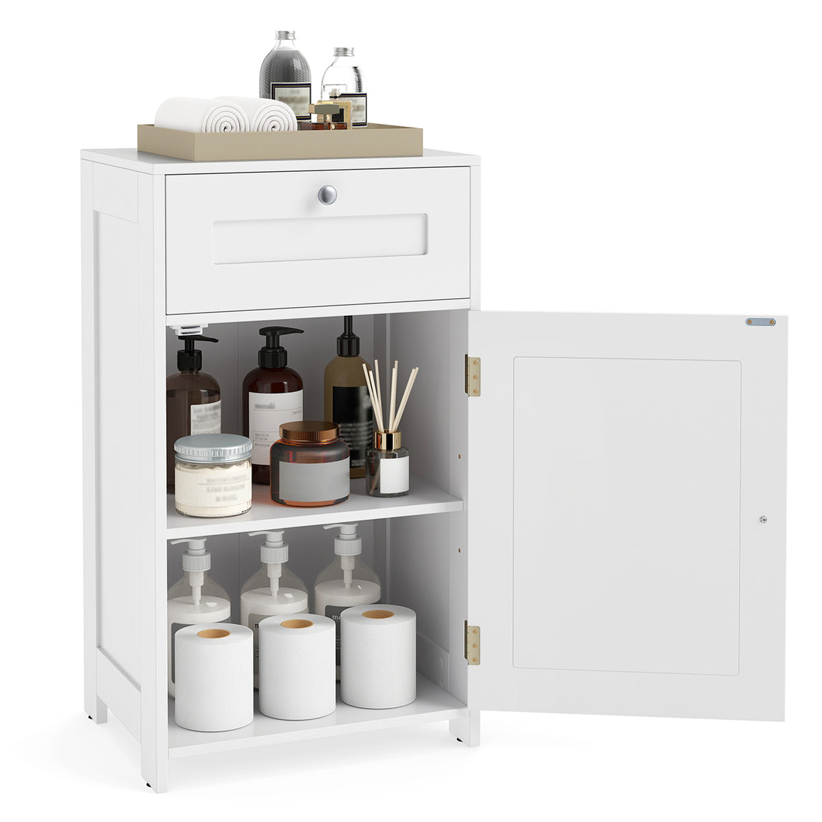 The floor cabinet filled with various bathroom supplies and toilet paper rolls