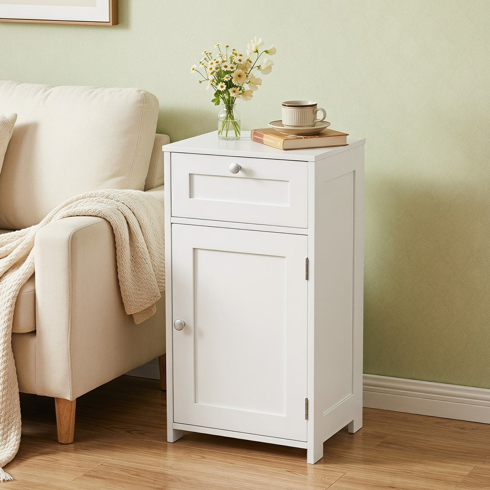 The floor cabinet used as a side table next to a sofa in a living room