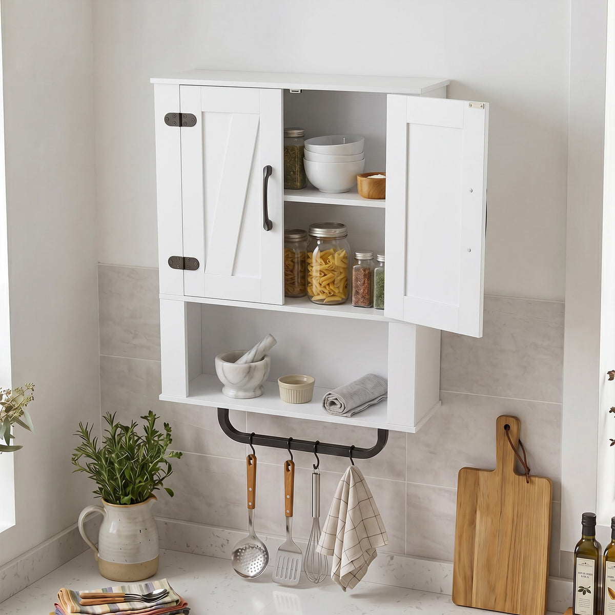 Bathroom Wall Cabinet Farmhouse Wall Mounted Organizer with 2 Barn Doors-White