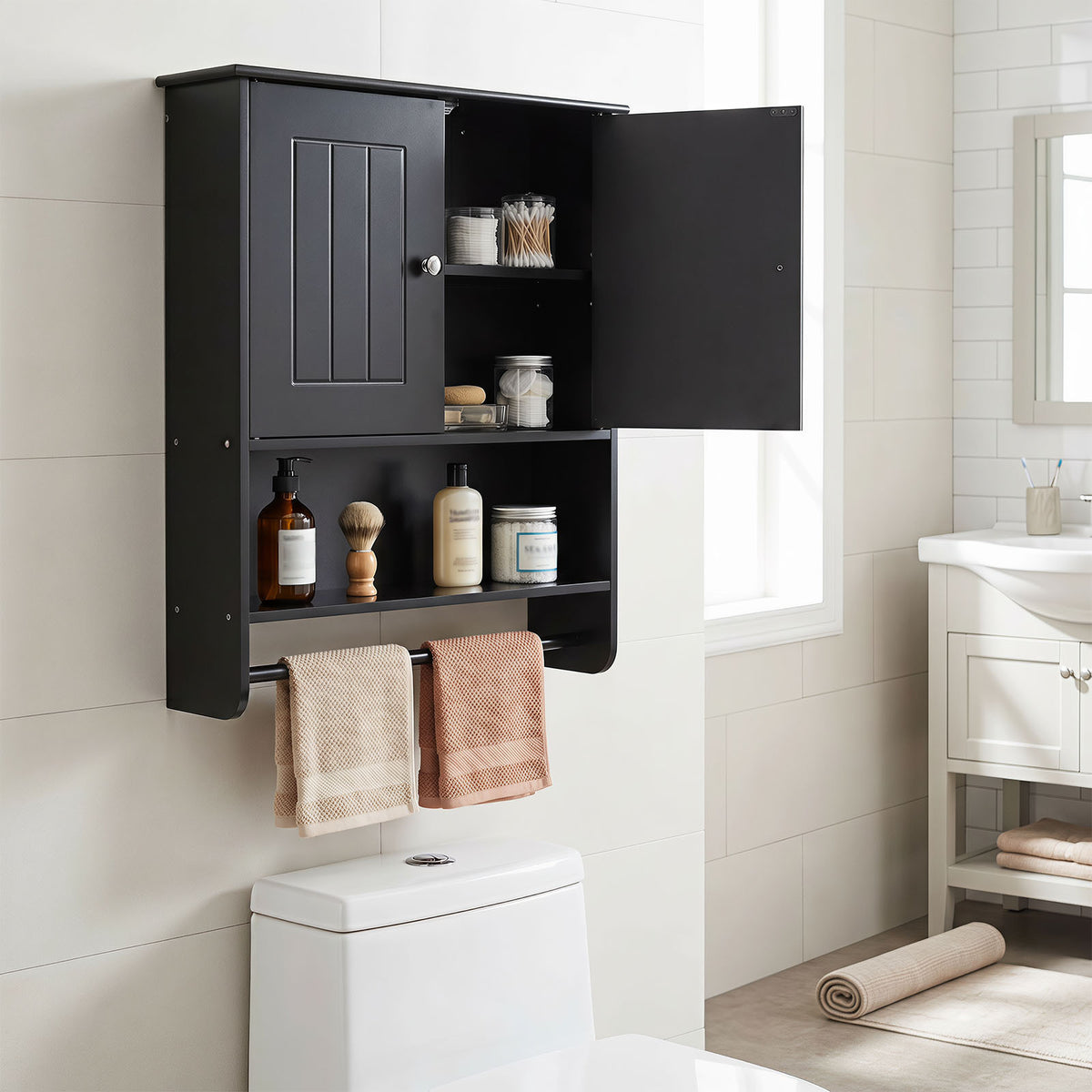 Bathroom Wall Cabinet with 2 Doors Open Shelf and Towel Bar-Black