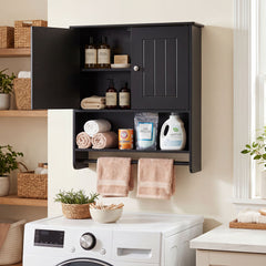 Bathroom Wall Cabinet with 2 Doors Open Shelf and Towel Bar-Black