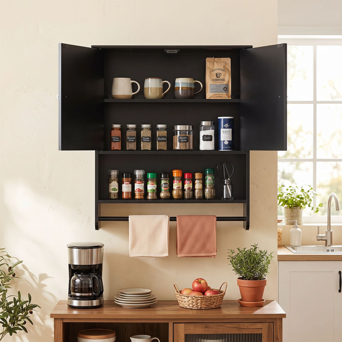 Bathroom Wall Cabinet with 2 Doors Open Shelf and Towel Bar-Black