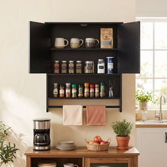 Bathroom Wall Cabinet with 2 Doors Open Shelf and Towel Bar-Black