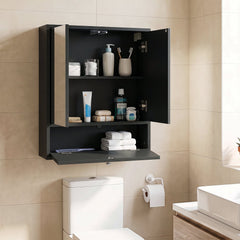 Bathroom Wall Cabinet with 2 Mirrored Doors & Flip-Down Door for Storage-Black