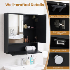 Bathroom Wall Cabinet with 2 Mirrored Doors & Flip-Down Door for Storage-Black
