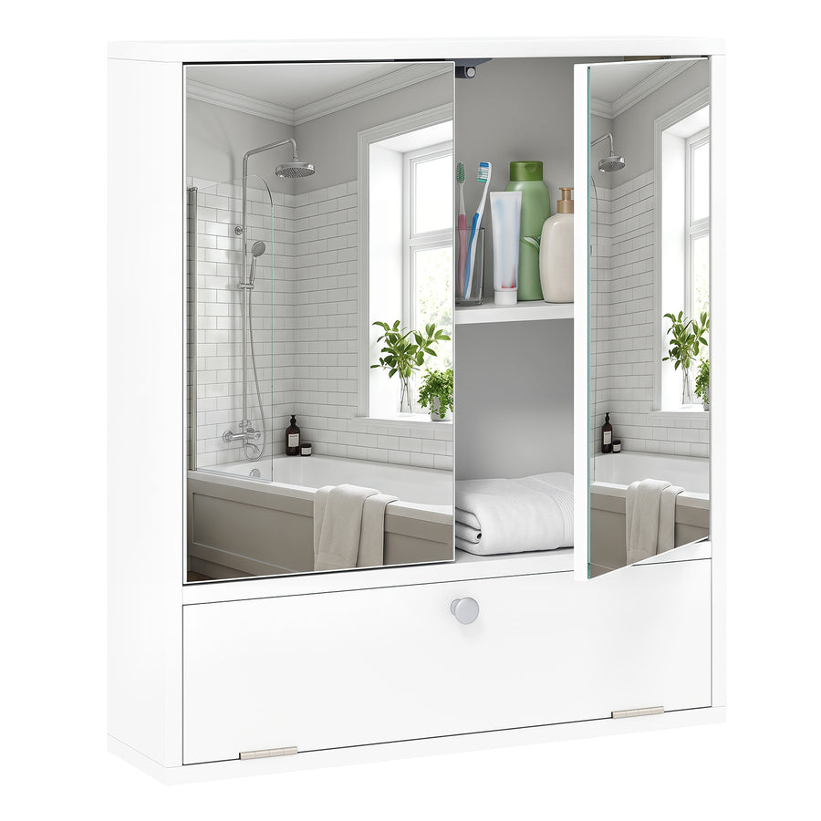 Bathroom Wall Cabinet with 2 Mirrored Doors & Flip-Down Door for Storage-White