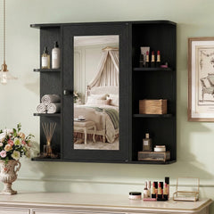The black wall cabinet with mirror mounted above a dresser, reflecting a bedroom interior