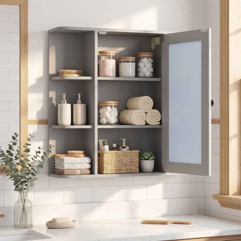 The wall cabinet with its mirrored door open to reveal the internal storage shelves