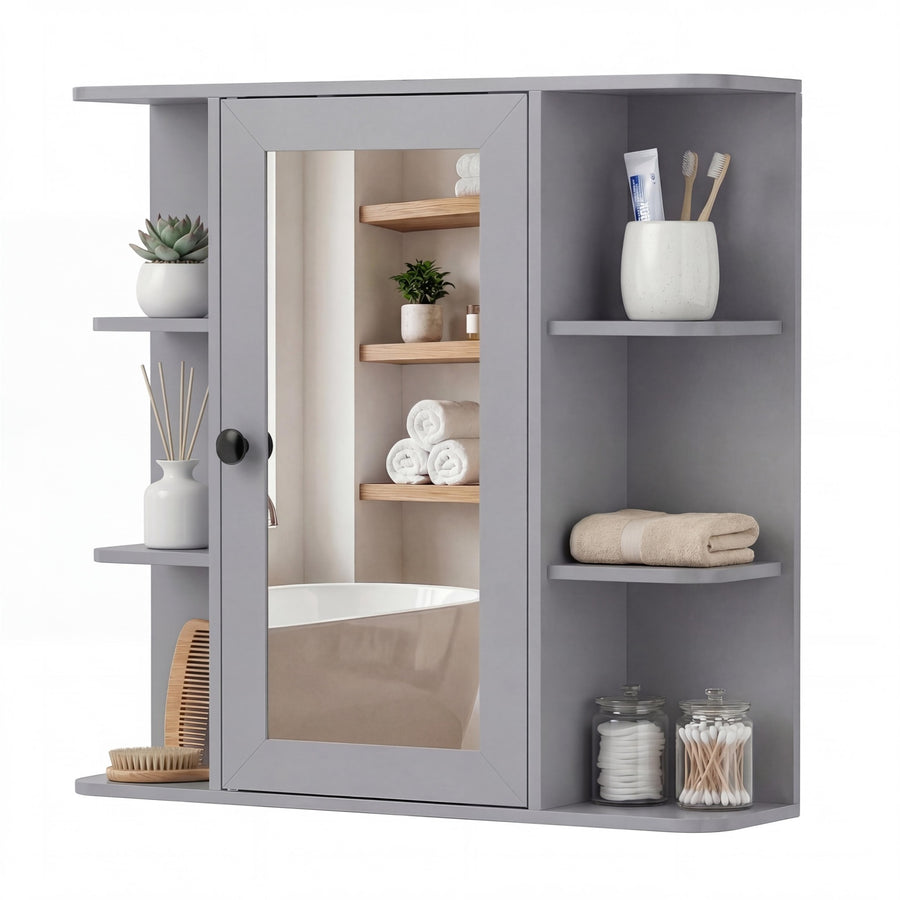 Bathroom Wall Cabinet with Mirror 3 Internal Shelves-Grey