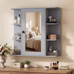 The wall cabinet mounted on a wall above a wooden dresser in a bedroom setting