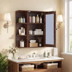 Open bathroom cabinet with mirror showing internal shelves filled with toiletries and towels