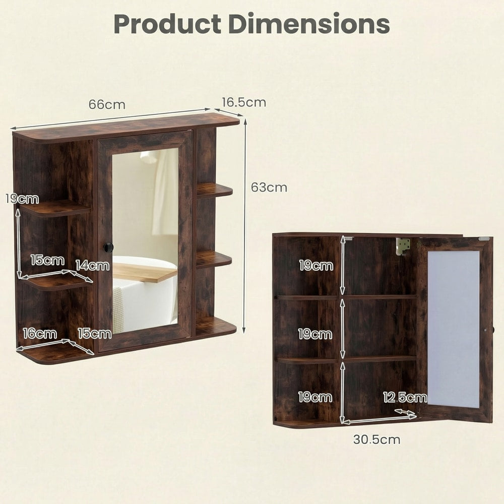 Diagram showing the dimensions of the rustic brown bathroom cabinet with mirror