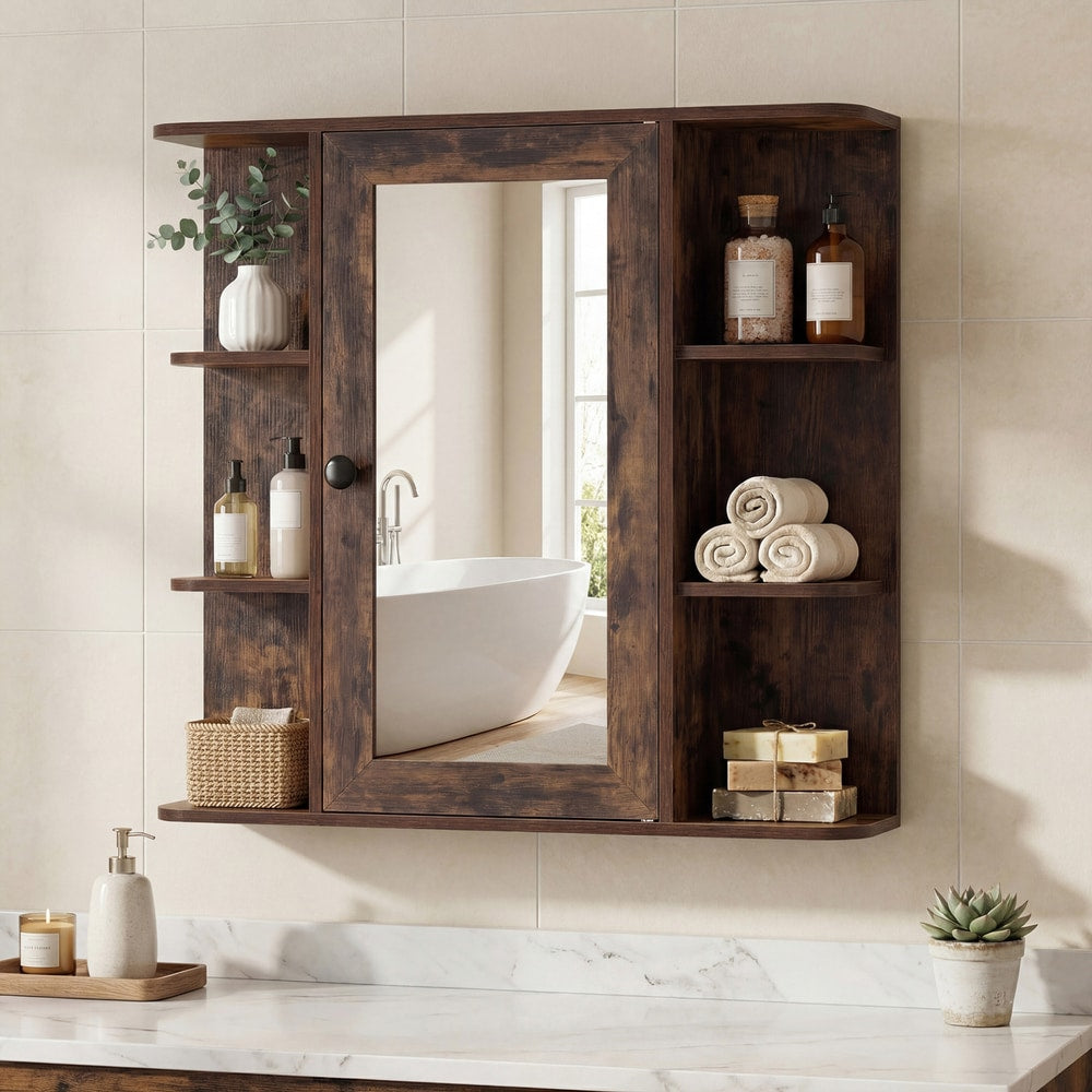 Wall cabinet with mirror in a rustic brown finish, displaying its mirrored door and shelving