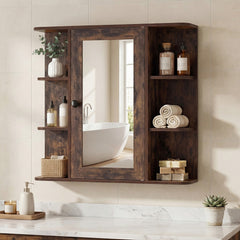 Wall cabinet with mirror in a rustic brown finish, displaying its mirrored door and shelving