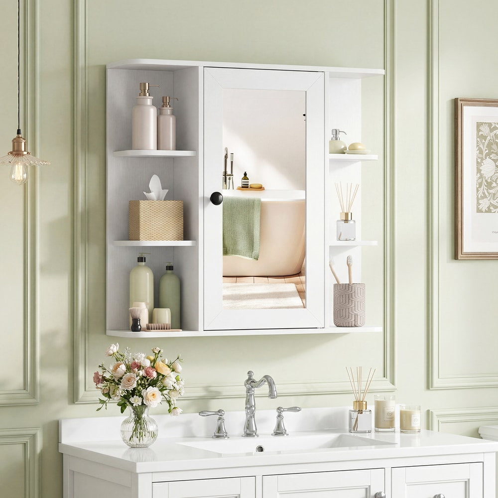 White bathroom cabinet with mirror and shelves shown in a bathroom setting above a sink