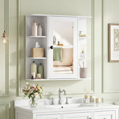 White bathroom cabinet with mirror and shelves shown in a bathroom setting above a sink