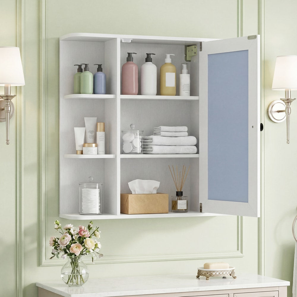 White bathroom cabinet with mirror and open shelves, door ajar showing internal shelves