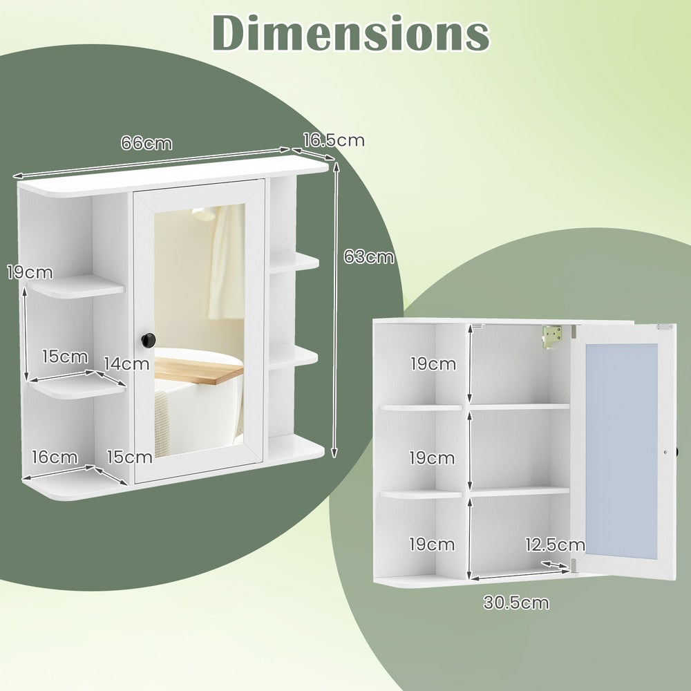 Dimensions diagram for the white bathroom cabinet with mirror and shelves
