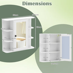 Dimensions diagram for the white bathroom cabinet with mirror and shelves