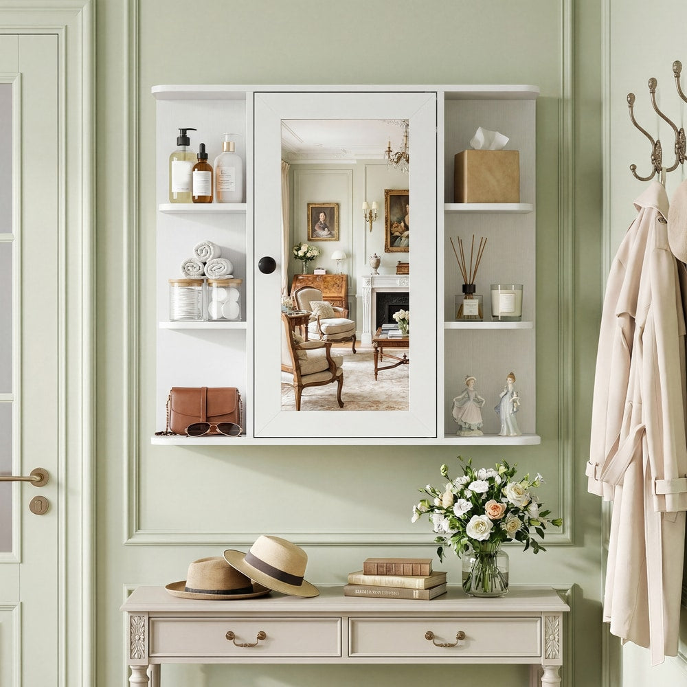 White bathroom cabinet with mirror and shelves displayed in a hallway setting