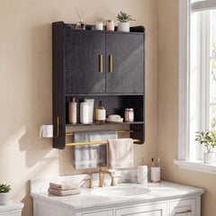 The wall cabinet mounted above a bathroom sink with various accessories on the shelves