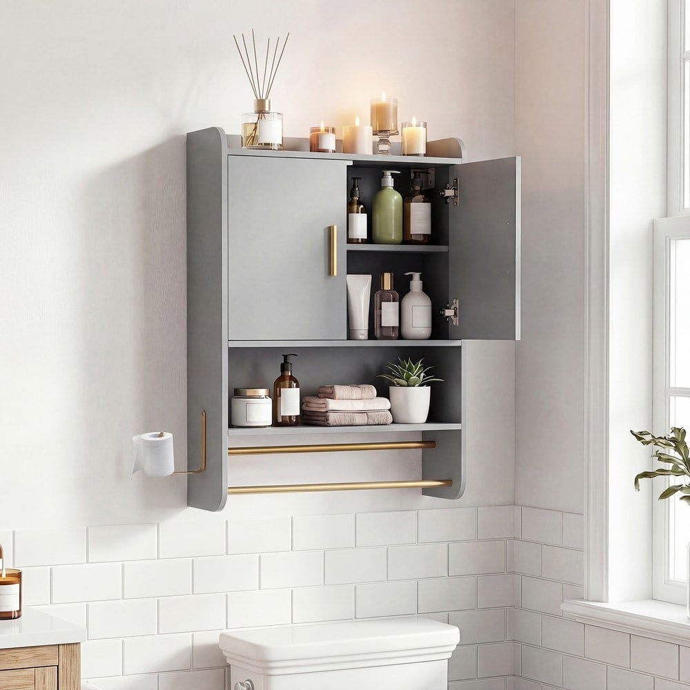 Open door of the grey bathroom wall cabinet with open shelves and adjustable shelf