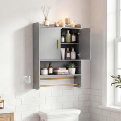 Open door of the grey bathroom wall cabinet with open shelves and adjustable shelf