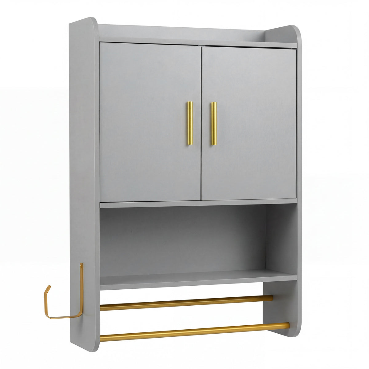 Grey bathroom wall cabinet with open shelves and adjustable shelf, side view