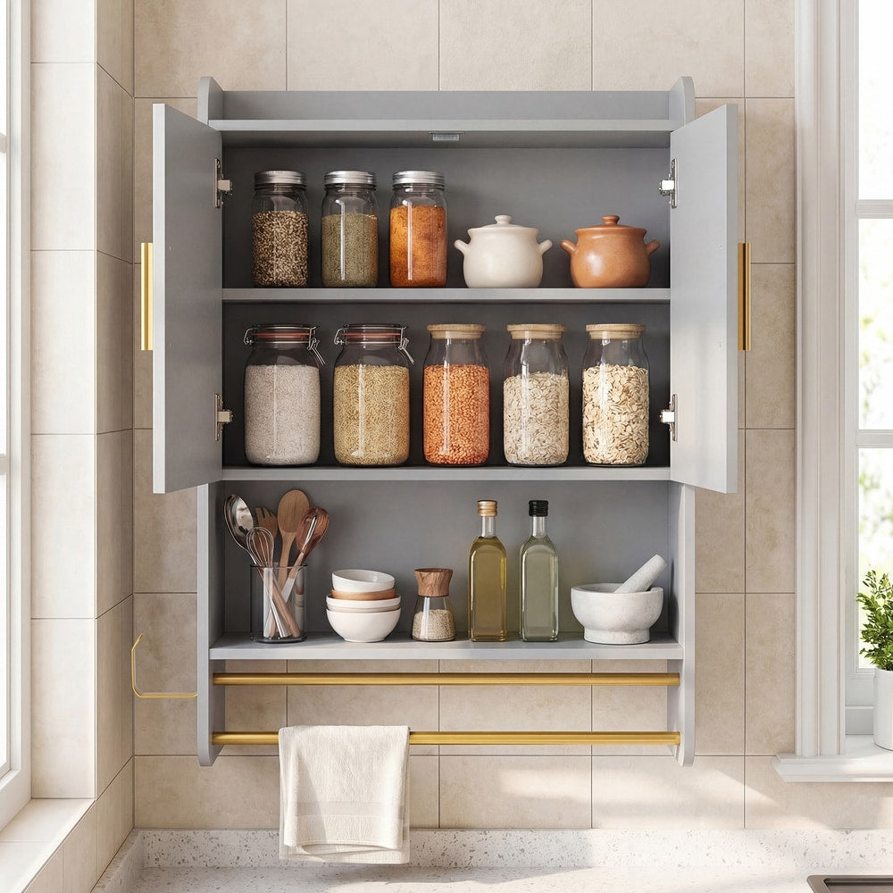 The wall cabinet with open shelves and adjustable shelf filled with jars and bowls