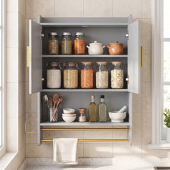 The wall cabinet with open shelves and adjustable shelf filled with jars and bowls