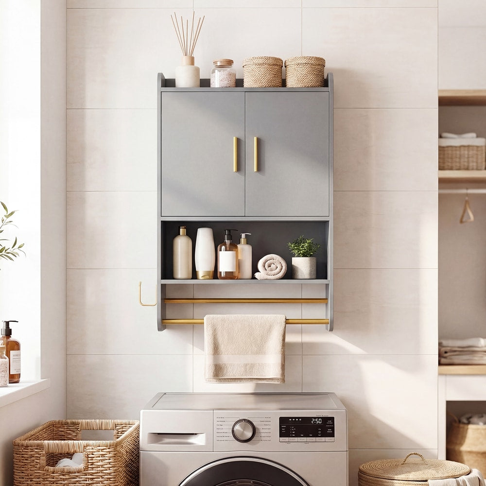 Grey bathroom wall cabinet with open shelves and adjustable shelf above a washing machine