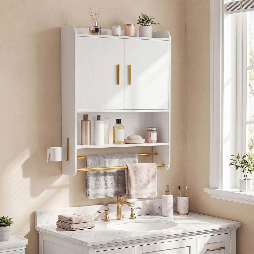 Bathroom Wall Cabinet with Open Shelves and Adjustable Shelf in White