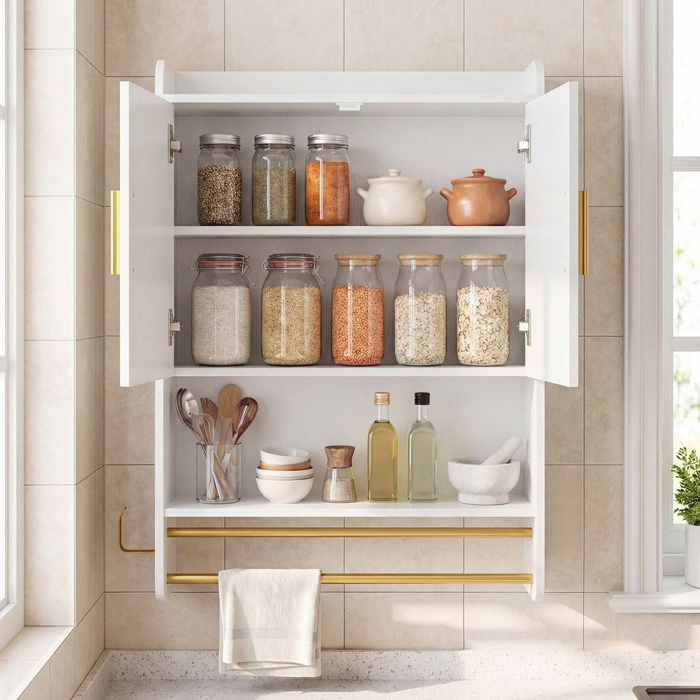 Bathroom Wall Cabinet with Open Shelves and Adjustable Shelf in White