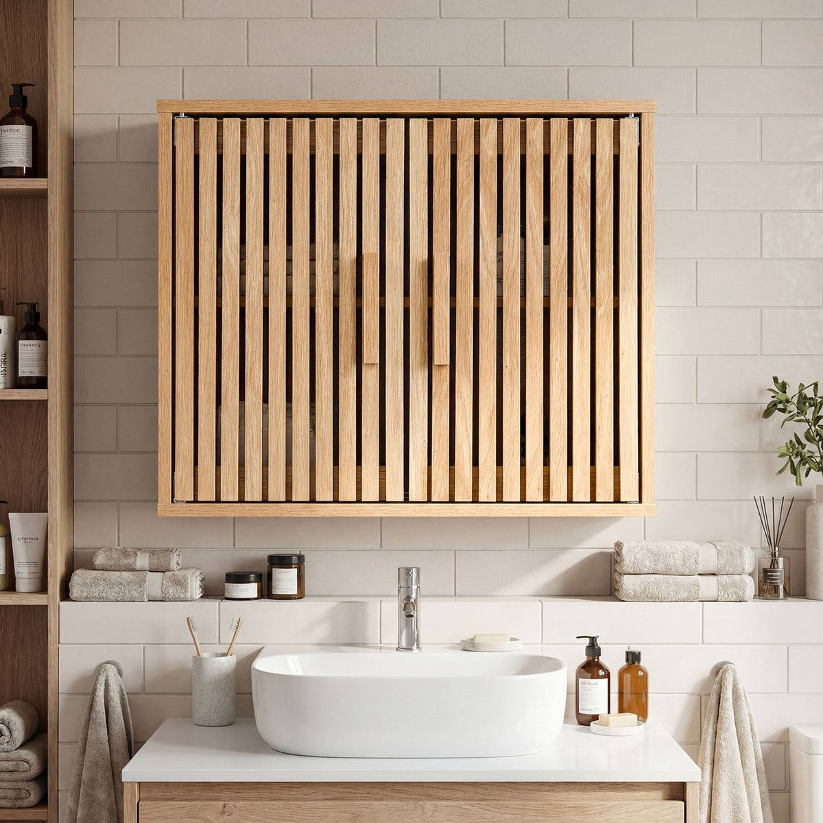 Bathroom Wall Cabinet with Slatted Doors and Adjustable Shelves in Natural, image 2