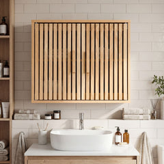 Bathroom Wall Cabinet with Slatted Doors and Adjustable Shelves in Natural, image 2