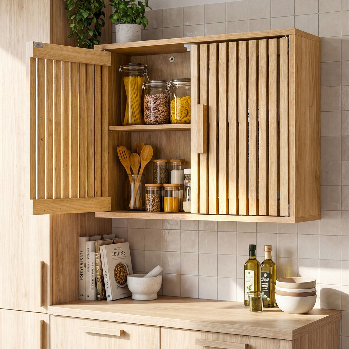 Bathroom Wall Cabinet with Slatted Doors and Adjustable Shelves in Natural, image 3