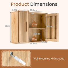 Bathroom Wall Cabinet with Slatted Doors and Adjustable Shelves in Natural, image 5