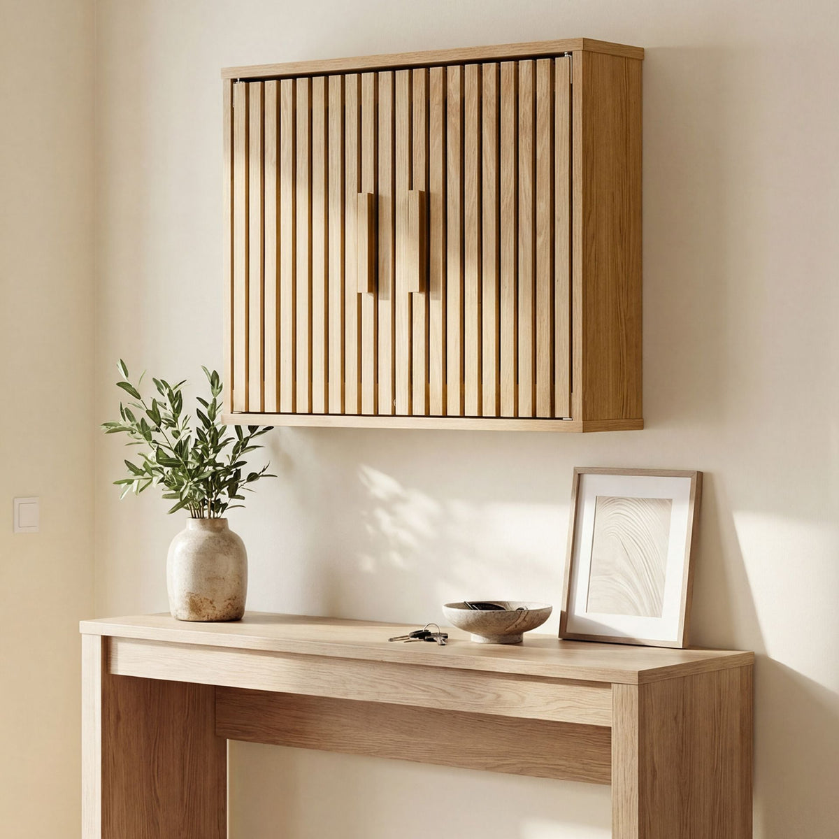 Bathroom Wall Cabinet with Slatted Doors and Adjustable Shelves in Natural, image 6