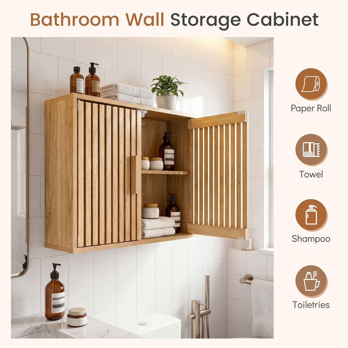 Bathroom Wall Cabinet with Slatted Doors and Adjustable Shelves in Natural, image 7