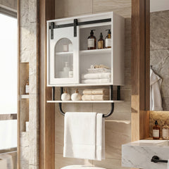 Bathroom Wall Cabinet with Sliding Barn Door and Metal Hanging Bar-White